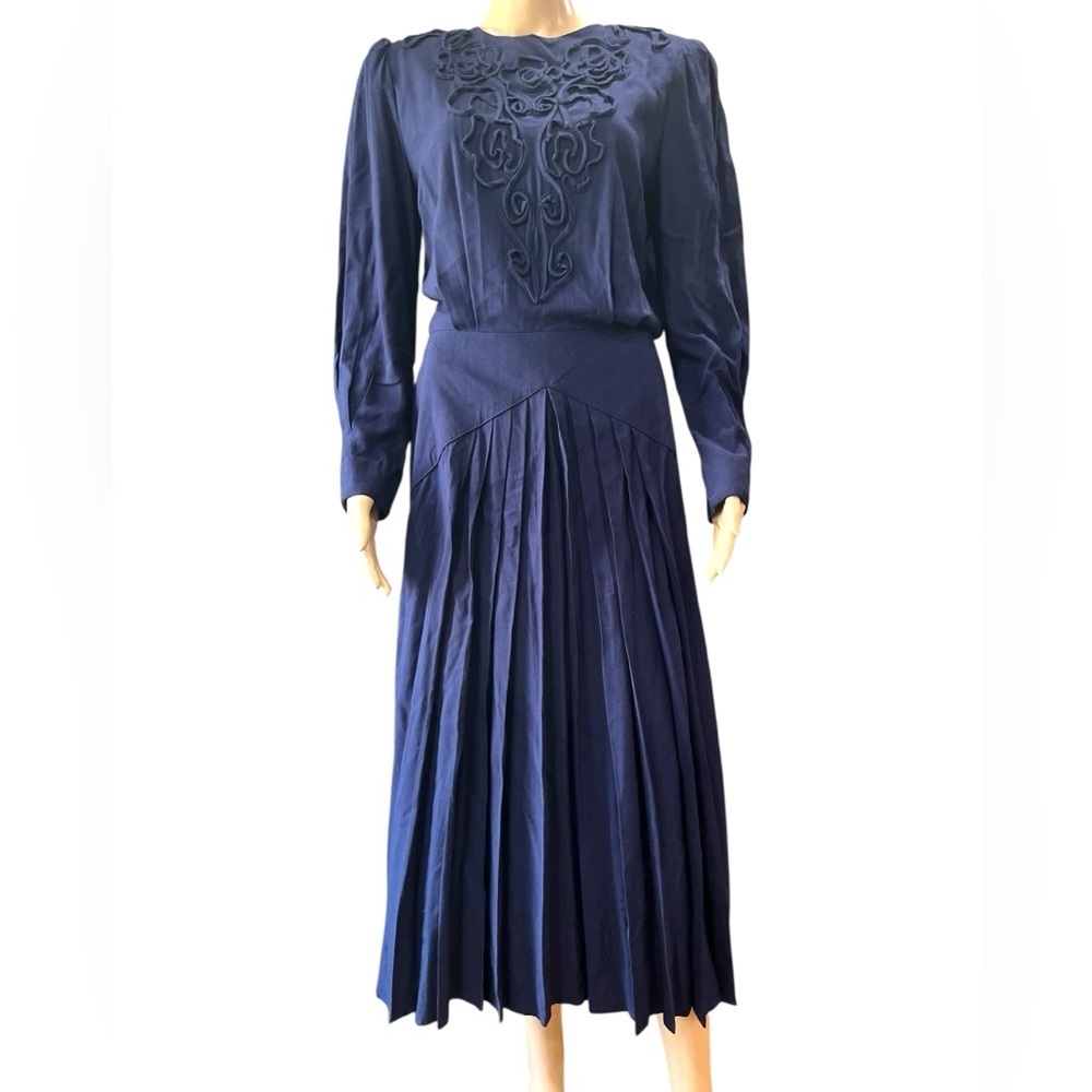 Victorian Nancy Johnson navy brocade Long Sleeve rayon vintage Dress-8
